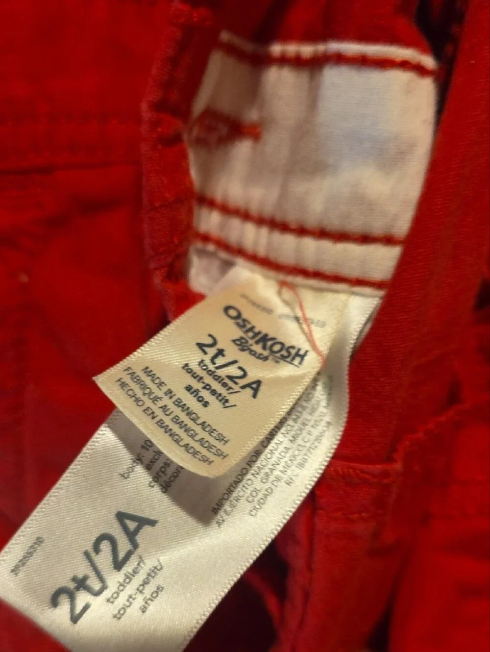 OshKosh B'gosh Red Corduroy Short Overalls with Striped Straps Size 2t 2a